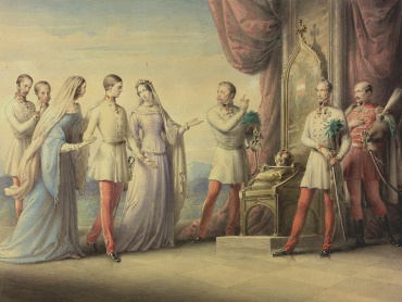 Leopold Kupelwieser (1796–1862): Císařovna Anna Marie a arcivévodkyně Sofie přivádějí Františka Josefa I. k císařskému trůnu. Akvarel z roku 1848. Na akvarelu jsou dále vyobrazeni (zleva doprava) arcivévoda František Karel, císař Ferdinand I. Dobrotivý a tři rakouští vojevůdci – polní maršálek Josef Václav hrabě Radecký z Radče (1866–1858), polní maršálek Alfred kníže zu Windischgrätz a polní zbrojmistr Josip hrabě Jellacić.